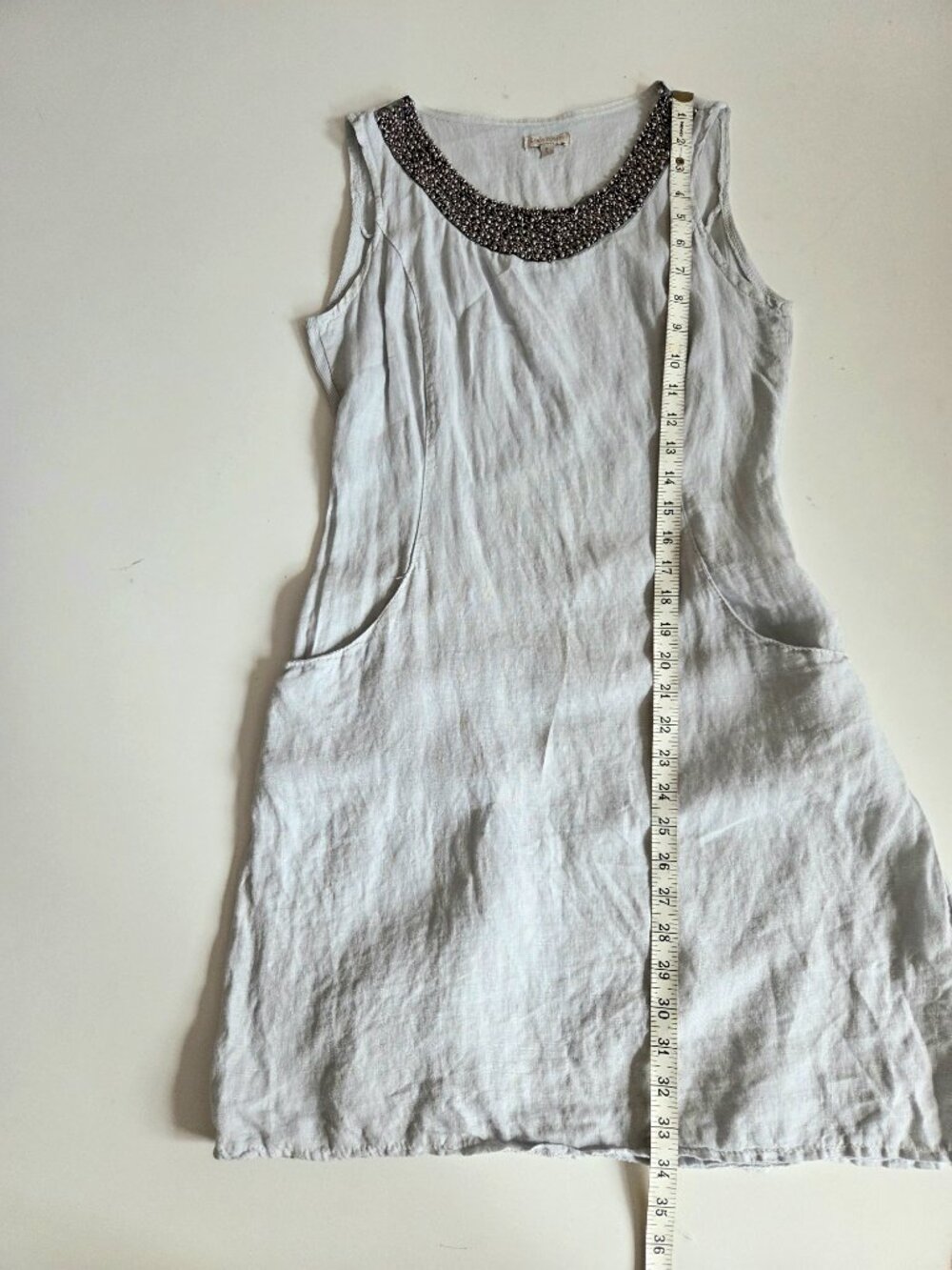 Lina Tomei Italian 100% Linen Light Grey Shift Dress Beaded Scoop Neck - Picture 9 of 11